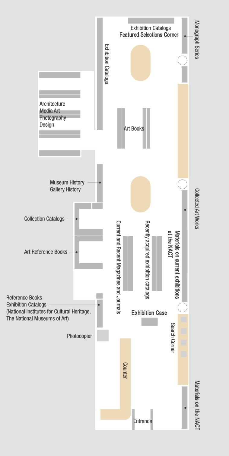 This is a floor map of the Art Library of the National Art Center, Tokyo. You can see the catalogs of current and past exhibitions